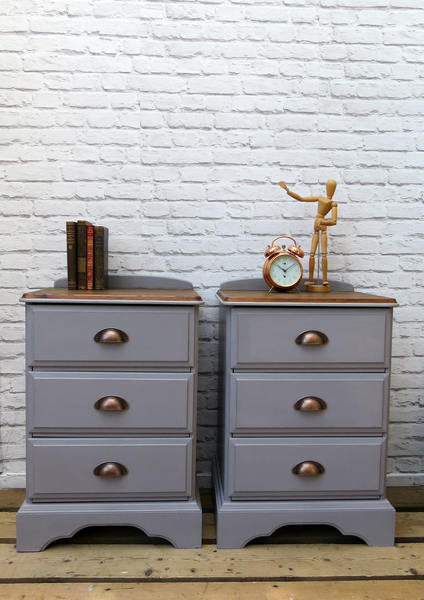 Pair Of Bedside Cabinets Hand Painted Grey With Cup Handles
