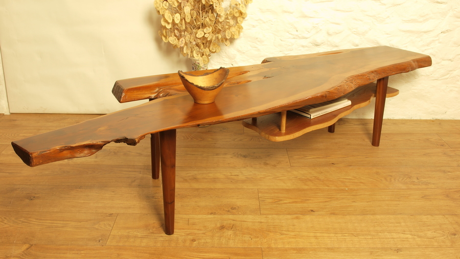 Bespoke Large Yew Coffee Table With Contoured Shelf.Naturalistic Live Edge
