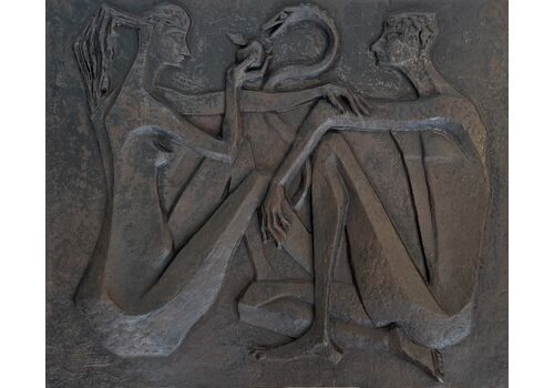 Modernist Cast Iron Fireplace Plate Depicting Adam And Eve, The Apple And The Serpent. Signed And Published By Stern
