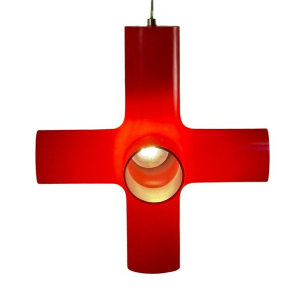 Jan Melis & Ben Oostrum For Dark   Hanging Pendant Lamp   Model 'Crosslight'   Early 2000's, Dutch Design   Red, Translucent Plastic photo furniture