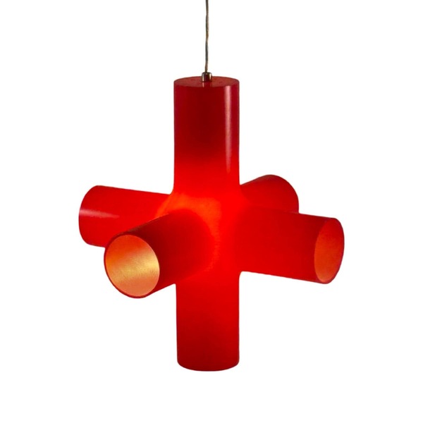 Jan Melis & Ben Oostrum For Dark   Hanging Pendant Lamp   Model 'Crosslight'   Early 2000's, Dutch Design   Red, Translucent Plastic photo for sale