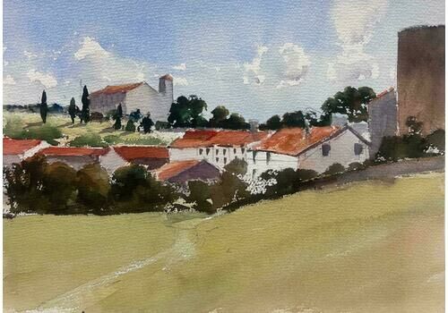 Anthony Averybritish Original Impressionist Watercolor Tuscan Landscape Old Houses & Trees