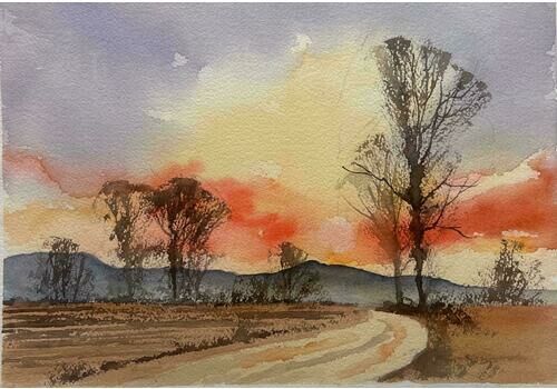 Anthony Averybritish Original Impressionist Watercolor Orange Sunrise Over The Country Track
