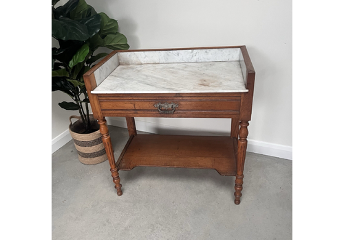 Vintage French Oak & Fossil Marble Vanity Washstand Henri II Style