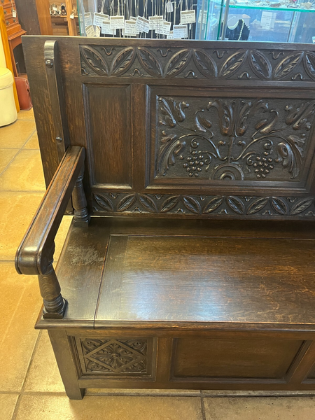Early 20th Century Heavily Carved Oak Monks Bench With Storage photo furniture