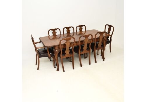 Antique Queen Anne Style Burr Walnut Dining Table And Chairs