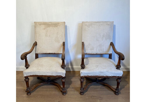 Pair Of Louis XIII Style High Back Walnut Armchairs