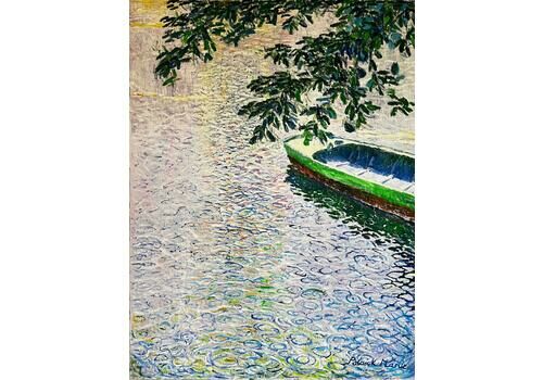 Patrick Mariehuge French Impressionist Oil Painting Wooden Punt Boat Waterlily Pond In Rainc. 1985