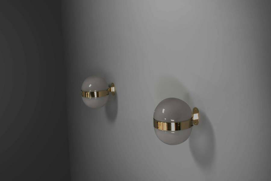 Set Of Two Brass And Opaline Glass ‘Clio’ Sconces By Sergio Mazza For Artemide photo furniture