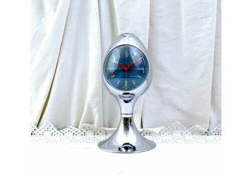 Vintage Working Mid Century Modern Tulip Base Egg Shaped Alarm Clock By Blessing West German Silver And Blue, Retro 1960s Time Piece