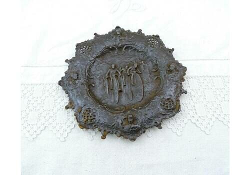 Antique Victorian Cast Iron Decorative Wall Plate Or Trinket Dish With Penny Farthing Racers, Rare Vintage Collectible Bicycle Themed Decor