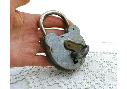 Large Vintage French Metal Padlock With 1 Working Key And Weathered Patina, Retro Mouse Ears Lock From France, Old Style Locking Devise