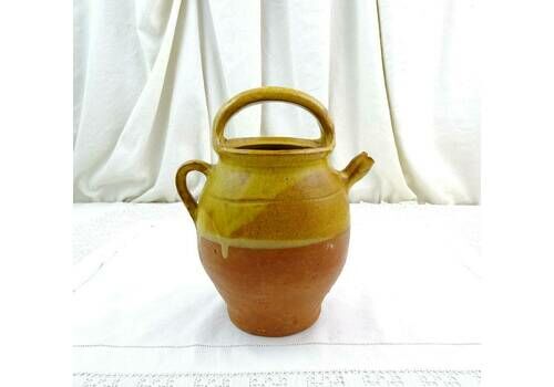 Antique French Earthenware Glazed Water Pitcher With Top Handle, Retro Pottery Gargoulette From France, Old Style Country Farmhouse Jug