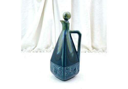 Antique French Denbac Ceramic Art Deco Decanter And Stopper In Blue Drip Glaze, Retro 1930s Pottery Pitcher From France, Teal Blue Jug