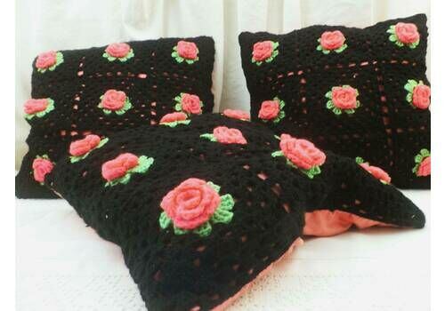 3 Vintage Mid Century Crocheted Black With Pink Roses Boho Style Scatter Cushions, Retro 1960s Handmade Crochet Pillow, 60s Interior Decor
