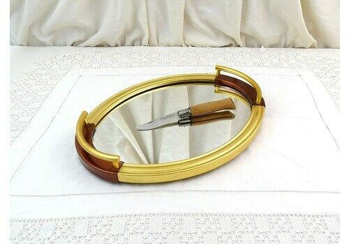 French Vintage Oval Mirrored Tray With Anodized Metal Handles And Frame, 1950s Table Carrier With Mirror And Colorful Handles, Curio Decor
