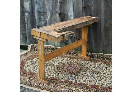 Antique Salvage Beech Carpenters Workbench With Vice Kitchen Island Table Desk