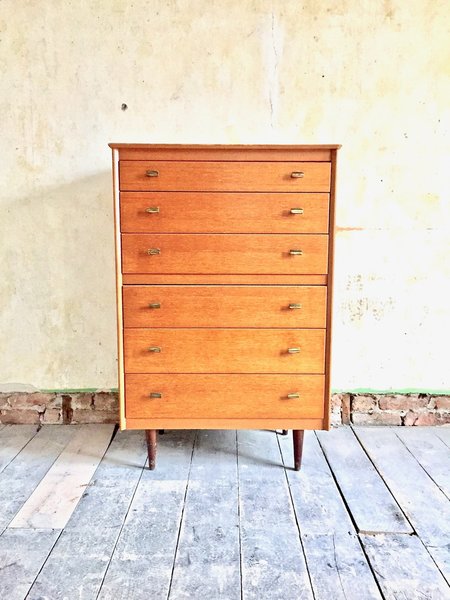 Vintage Mid Century Large Lebus Tallboy Chest Of Drawers On Raised