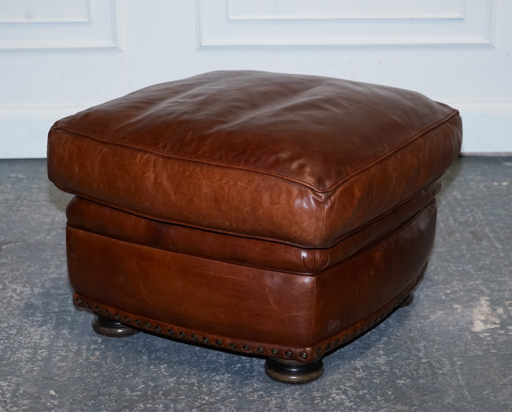 Lovely Vintage Brown Leather Footstool Feather Filled Brass Studs 