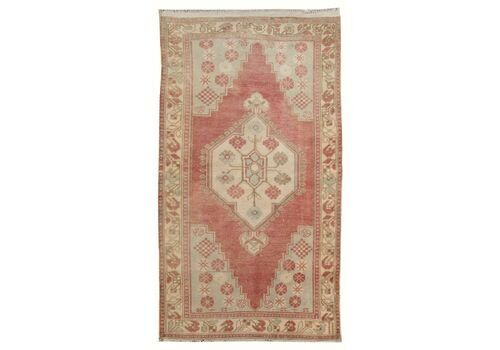 3.4x6.4 Ft Vintage Turkish Oushak Rug. Soft Faded Red, Light Blue, Cream Colors