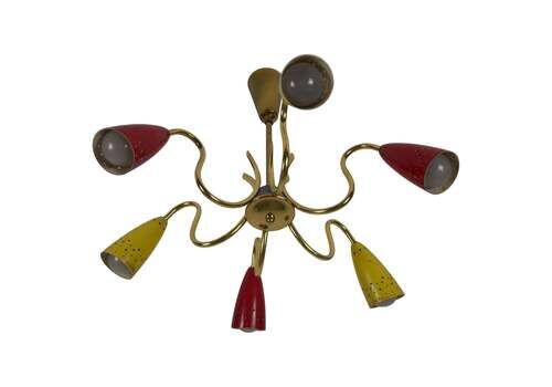 Colorful Mid Century Brass 6 Arm Sputnik Chandelier, 1950s