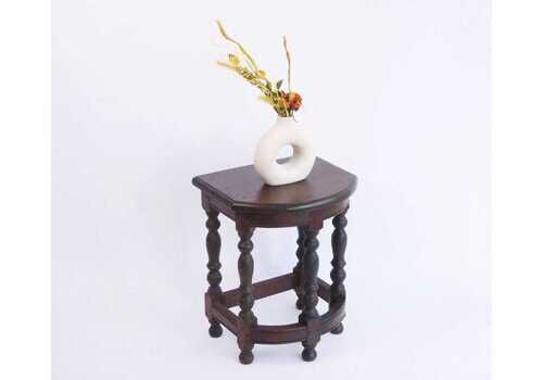 Antique Wooden Bobbin Half Moon Side Table, Carved Plant Stand Table, Farmhouse Decor