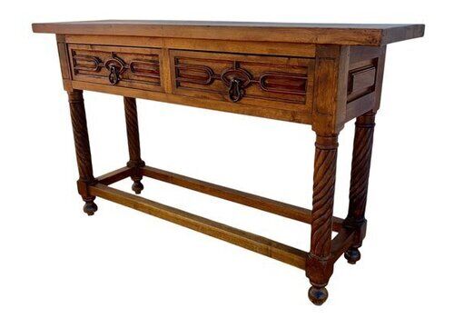 Vintage Carved Walnut Console Table With Solomonic Legs And Two Drawers, 1940s