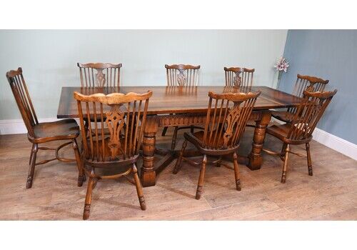 Oak Refectory Table And 8 Windsor Dining Chairs Kitchen Farmhouse Set