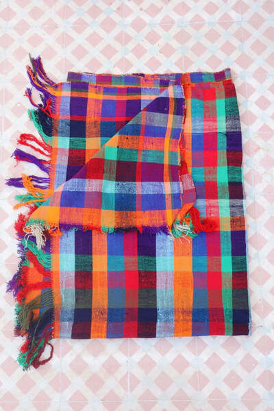 Vintage Berber Haik Blanket With Multicolored And Fluorescent Checks photo furniture