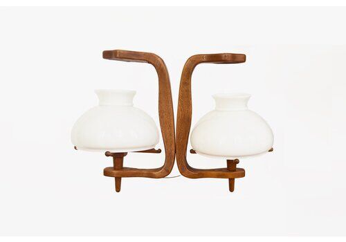 20th Century Guillerme, Chambron And Danikowski Chandelier In Oak And Opaline Shades With Ceramic Bulb Holders