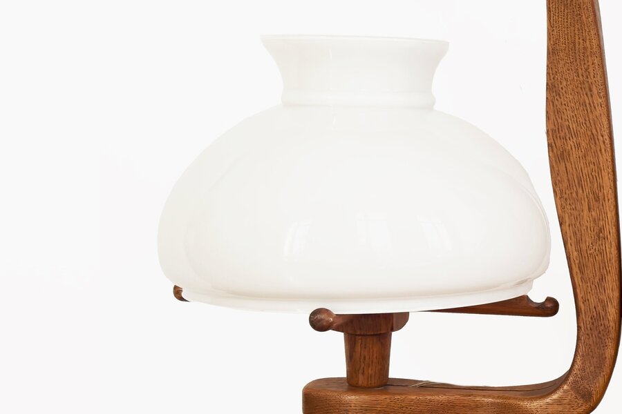 20th Century Guillerme, Chambron And Danikowski Chandelier In Oak And Opaline Shades With Ceramic Bulb Holders photo furniture