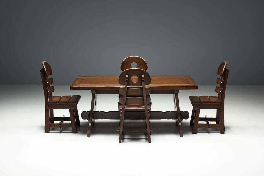 Brutalist Rustic Modern Dining Set In Stained Oak, Spain, 1970s photo Furniture