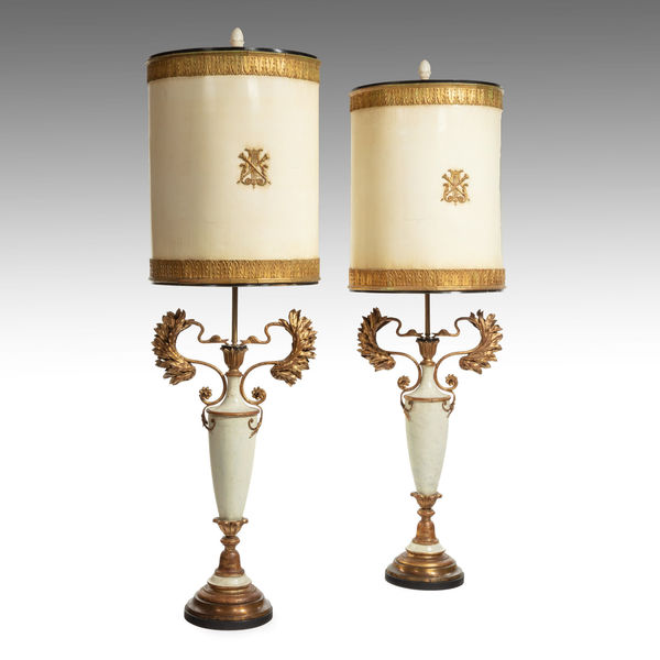 Large Decorative Pair Of French Painted And Gilt Floor Lamps C 1930 France
