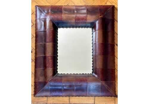 Vintage Mid Century Leather Cushion Framed Mirror With Brass Stud Edging.