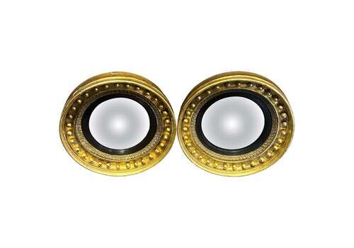 Antique Pair Of English Regency Gilt Convex Mirrors