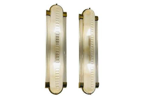 Art Deco Style,  Pair Of Brass And Murano Glass Sconces