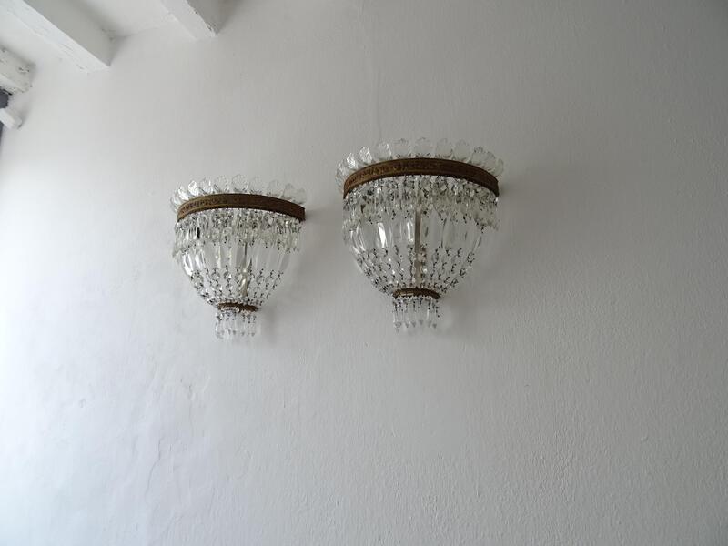 French Huge Empire Crystal Tiered Crystal Leaves Bronze Sconces, C 1940 photo furniture