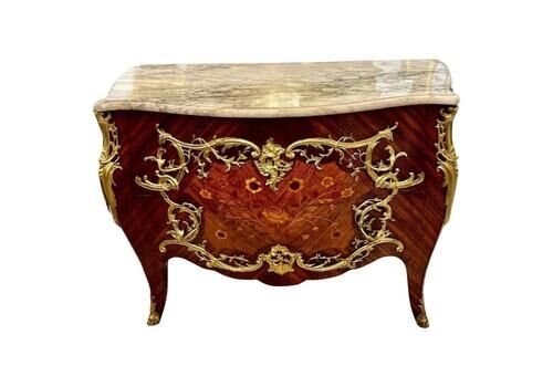20th Century Louis XV Style Ceremonial Commode In Marquetry And Marble Top