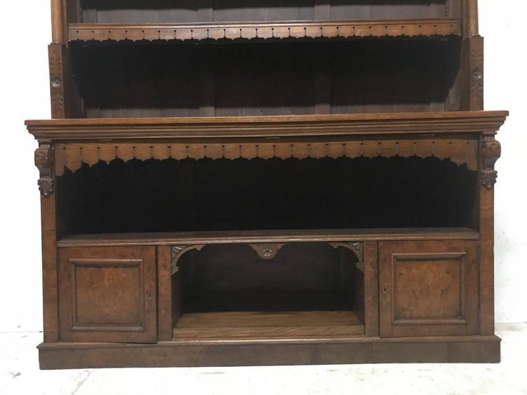 Large Gothic Revival Oak Bookcase With Burr Oak Doors And Hinged Dust