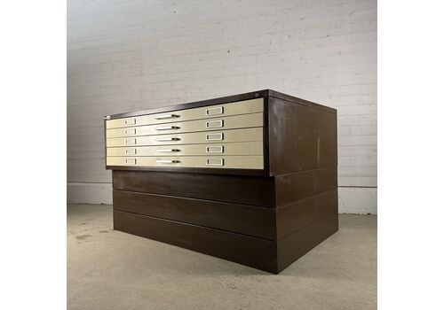 Large Vintage Retro 5 Drawer Steel Plan Chest On Plinth With 2 Keys