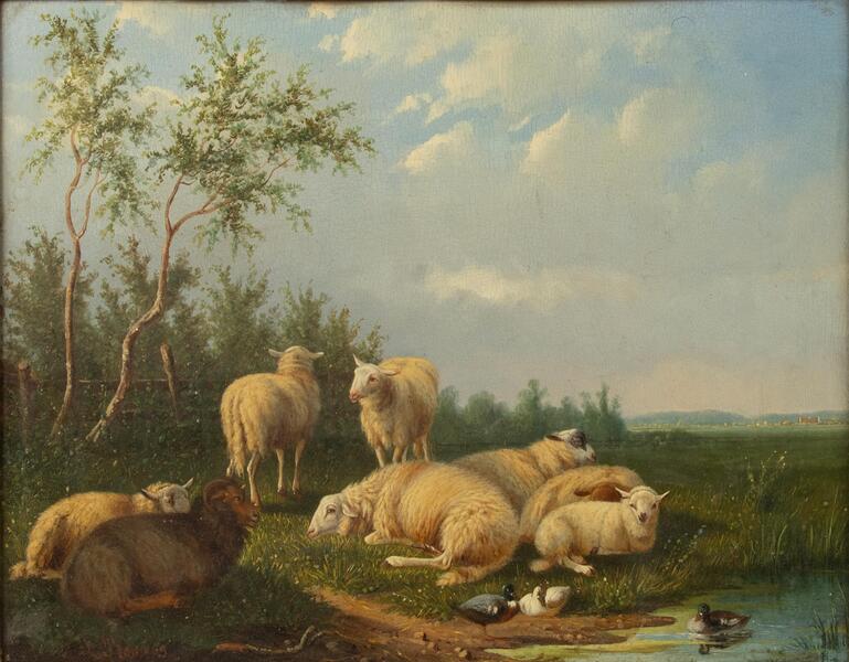19th Century Romantic Oil Painting   Sheep In The Meadow   Laurens Plas   1869 photo furniture