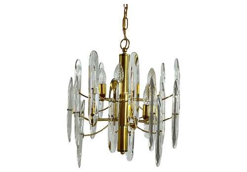 Mid Century 6 Light Brass And Crystal Chandelier Attributed To Sciolari 1960s