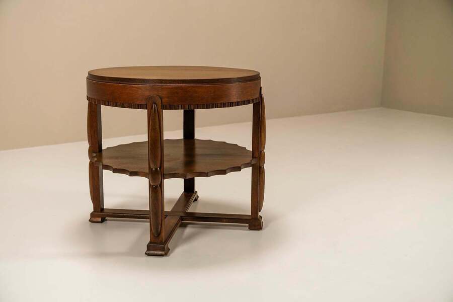 Round Amsterdam School Side Table In Oak, Netherlands 1930s photo for sale