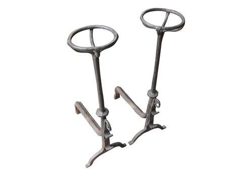Large French 17th Century Gothic Andirons Or Landiers With Wolf Head