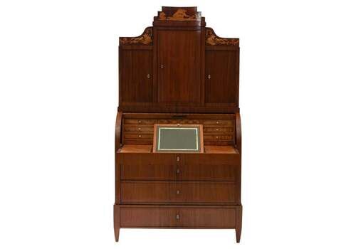 Elegant Mahogany Empire Secretary Desk With Satinwood Intarsia