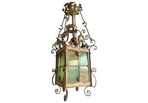 Extra Large Antique Gothic / Medieval Style Wrought Iron & Glass Art Lantern