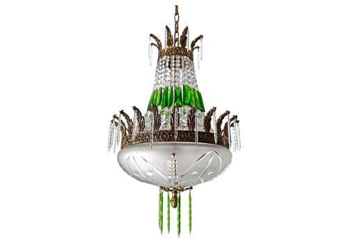 French Regency Empire Basket Chandelier Gilt Bronze And Green Cut Crystal & Bowl