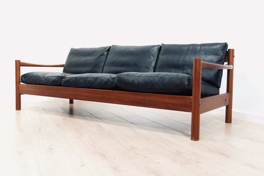 Superb Mid Century Danish Vintage Teak Black Leather Modernist Sofa Settee 564 Vinterior Co