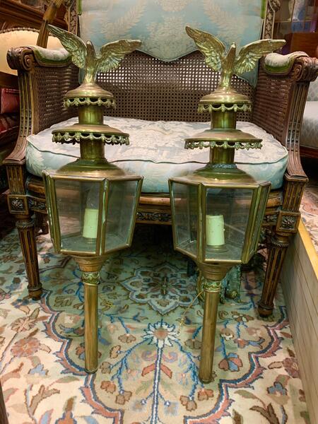 19th Century French Pair Of Brass Carriage Lanterns With Eagles On The Top photo furniture