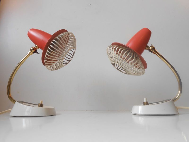 Vintage Swiss Modernist Adjustable Red Bedside Table Lamps Set Of 2